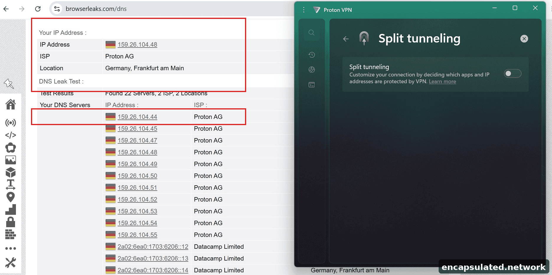 browserleaks.com DNS leak test with ProtonVPN connected in full tunnel mode, showing a Proton AG IP address located in Germany, Frankfurt am Main, with DNS servers resolving to Proton AG.
