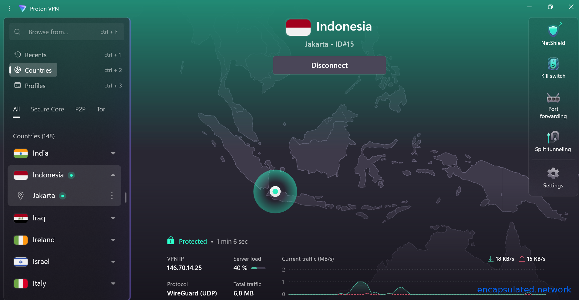 ProtonVPN desktop app showing an active connection to Jakarta, Indonesia (server ID#15). The status panel confirms Protected with WireGuard (UDP) as the active protocol and a server load of 40%. A green location pin marks Jakarta on the Indonesian archipelago map.