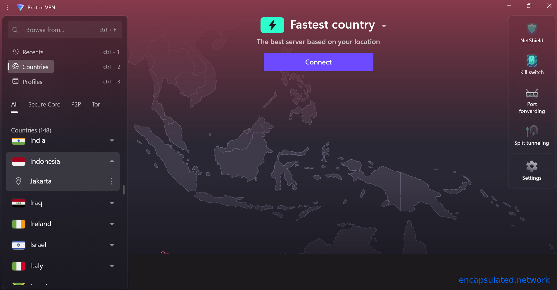 ProtonVPN desktop app showing the country list with Indonesia expanded and Jakarta visible as the city-level server. The Indonesian archipelago is highlighted on the map panel in the background.