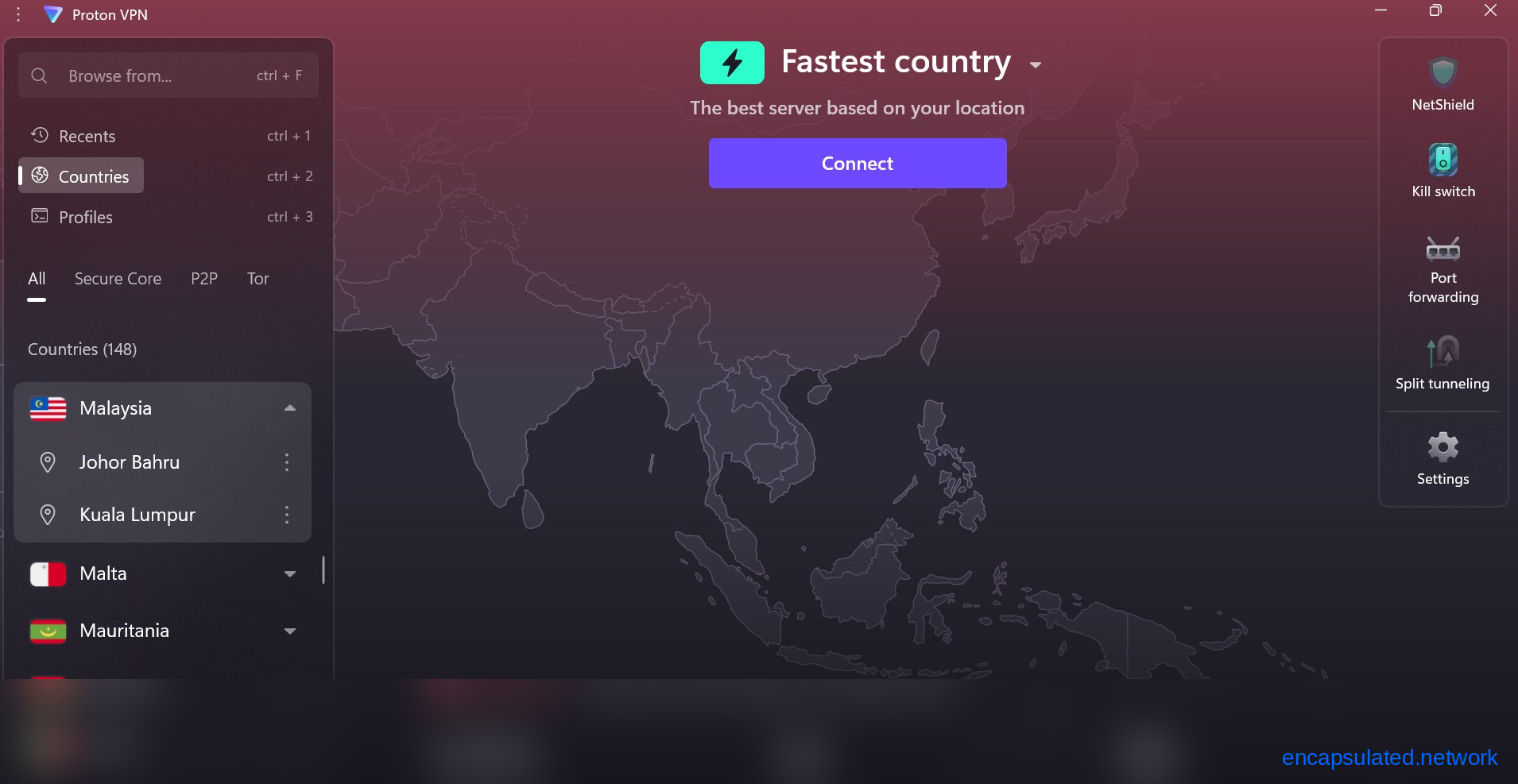 ProtonVPN desktop app server list with Malaysia expanded showing Johor Bahru and Kuala Lumpur as separate city-level server nodes, with Southeast Asia visible on the map background and the app in an unconnected state.