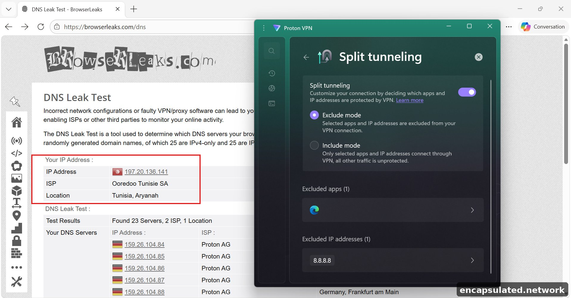 browserleaks.com DNS test in Microsoft Edge showing the real Tunisian IP address 197.20.136.141 from Ooredoo Tunisie SA, with ProtonVPN split tunneling active and Edge in the excluded apps list.