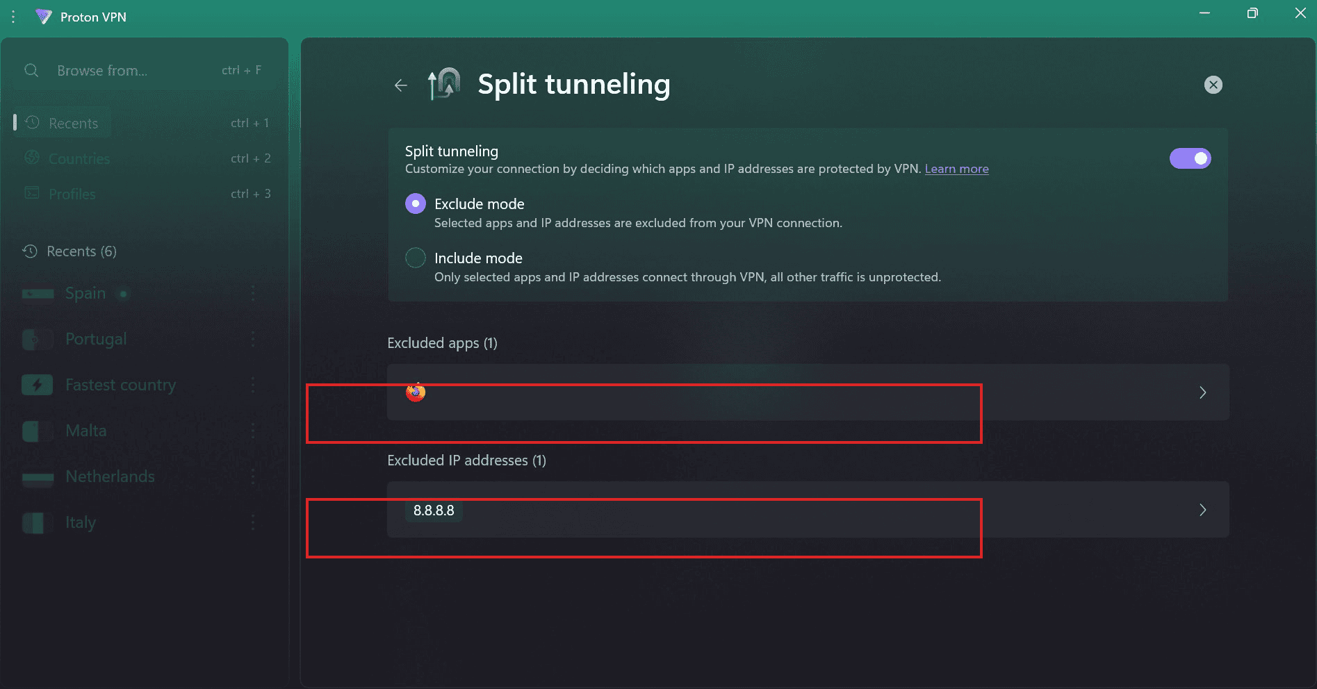 ProtonVPN Split Tunneling panel on Windows with the feature enabled in Exclude mode, showing Firefox added to the excluded apps list and 8.8.8.8 added to the excluded IP addresses list.