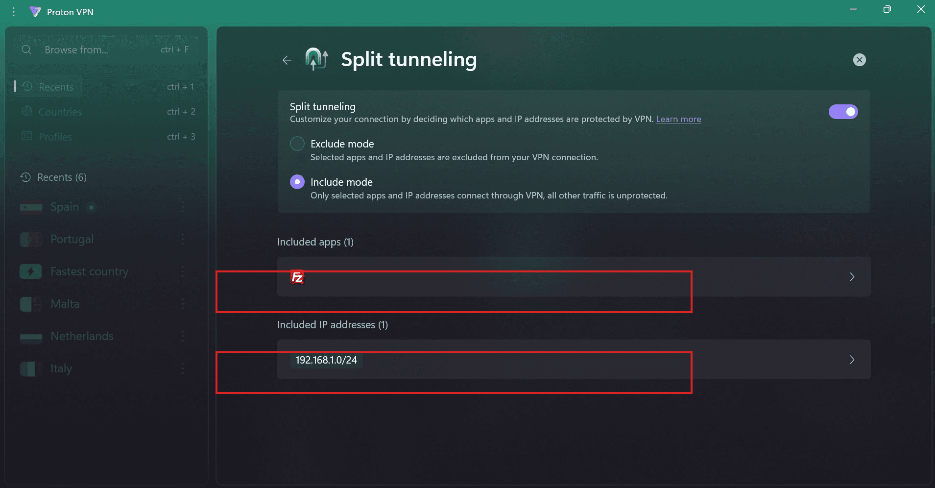 ProtonVPN Split Tunneling panel on Windows set to Include mode, with one app and the local subnet 192.168.1.0/24 configured to connect through the VPN.