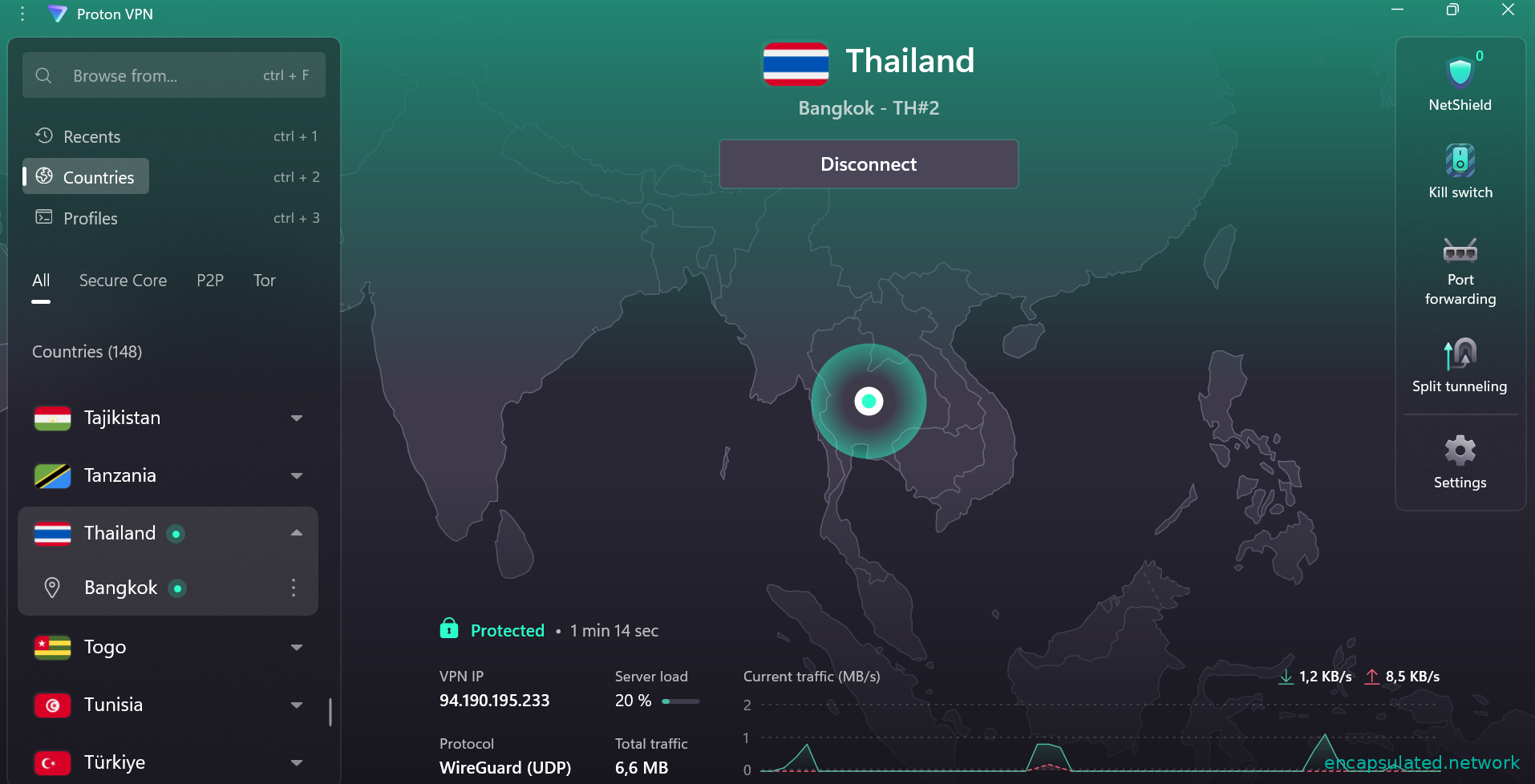 ProtonVPN connected to Bangkok TH#2, Thailand — Protected status, WireGuard UDP protocol, 20% server load