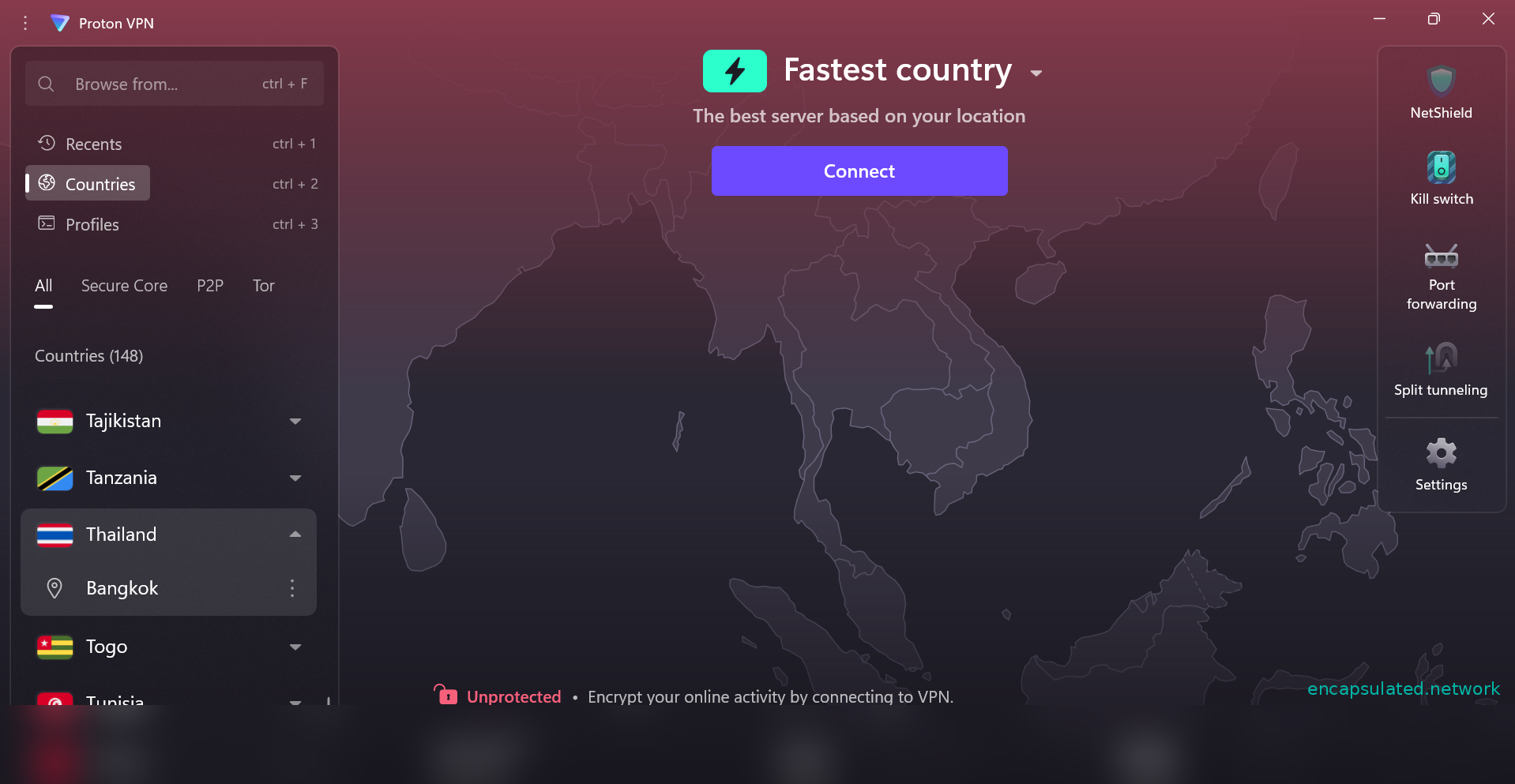 ProtonVPN server list showing Thailand expanded with Bangkok selected, pre-connection state