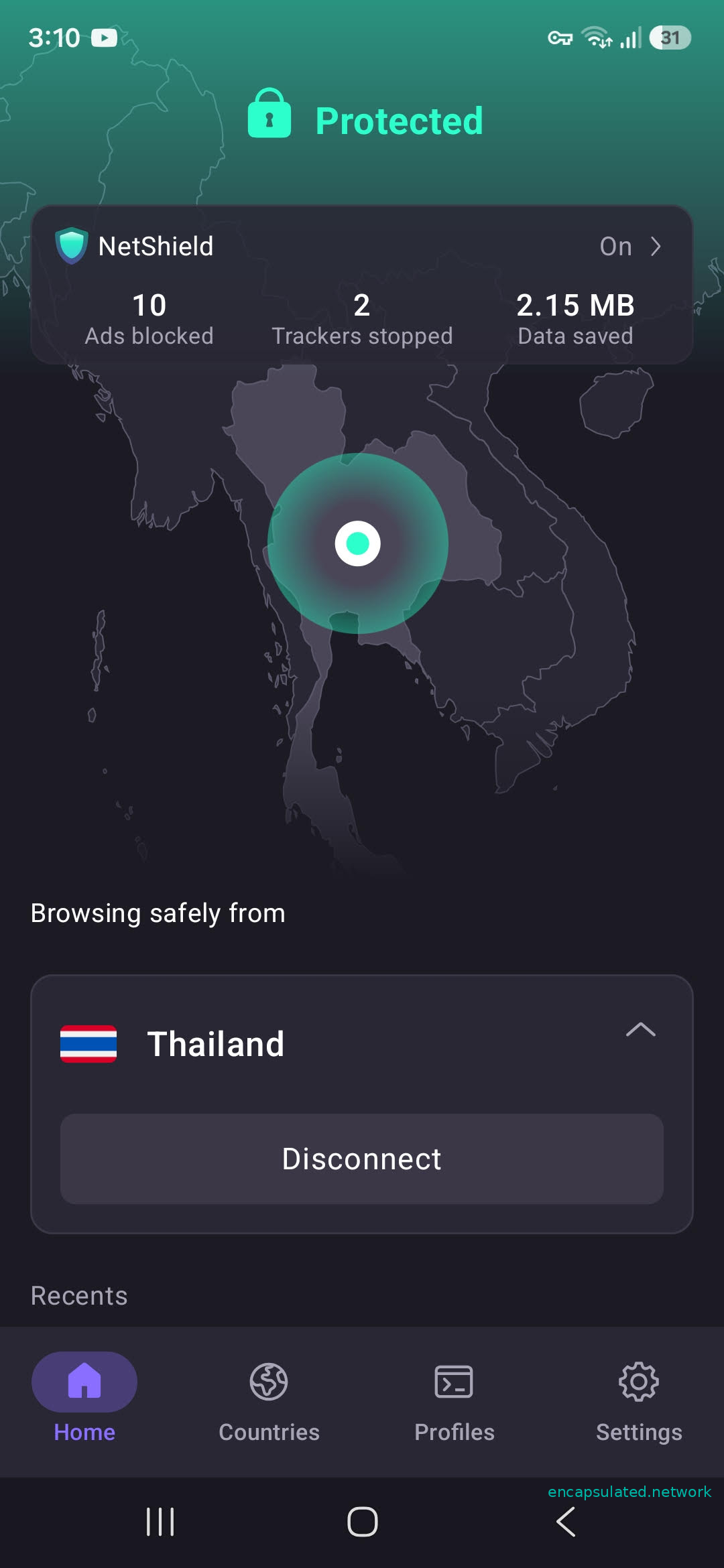 ProtonVPN Android app showing Protected status connected to Thailand, with Thai flag, Southeast Asia map pin, and Disconnect button