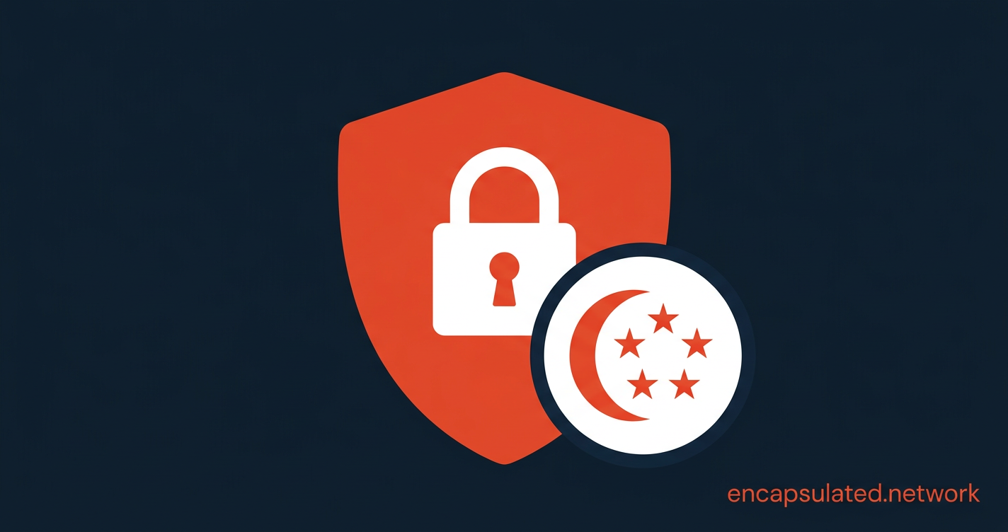 Coral shield with white padlock and Singapore crescent and five stars badge representing a Singaporean IP address