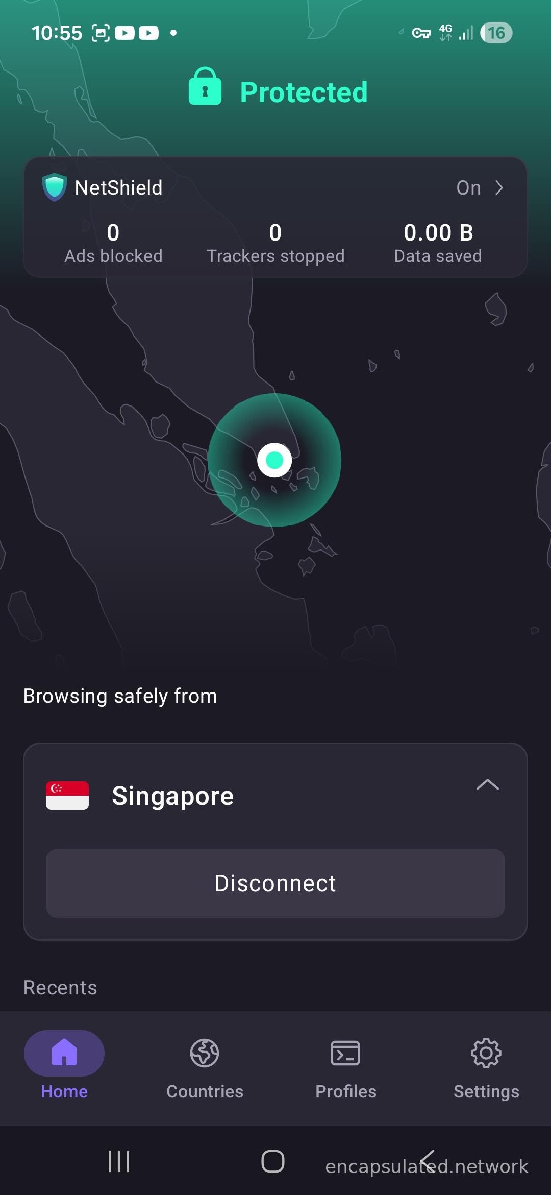 ProtonVPN app on Android showing Protected status with Singapore server connected and Singapore flag displayed
