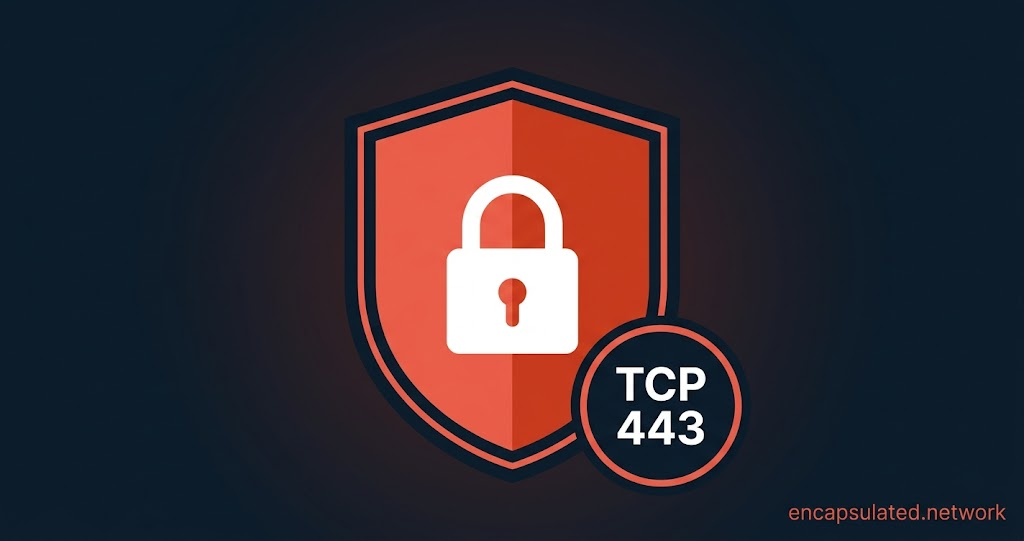 Coral VPN shield with a white padlock and a TCP 443 badge — featured image for SSTP Explained on encapsulated.network