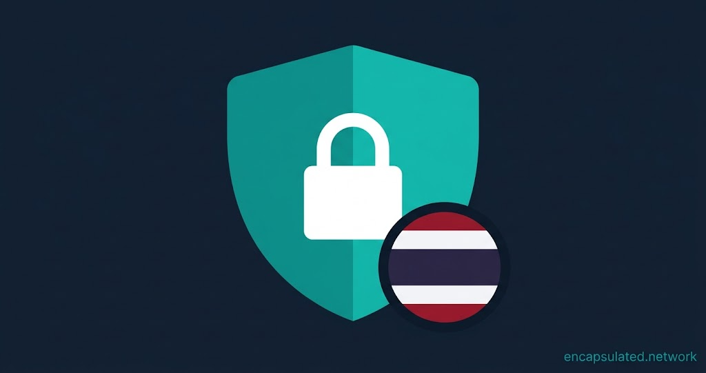 Teal VPN shield with white padlock and circular Thai flag badge on a dark navy background — featured image for the Thai IP address guide on encapsulated.network