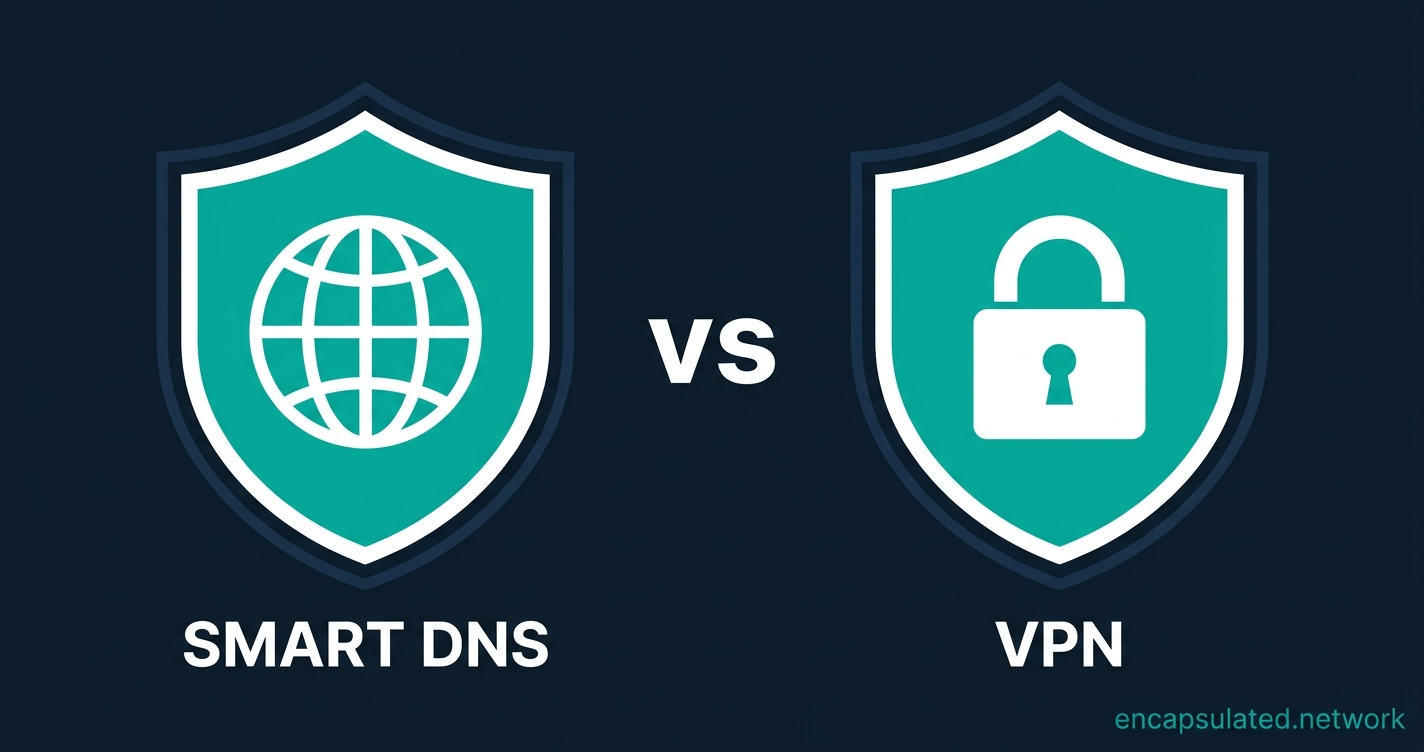 Two teal heraldic shields side by side on a dark navy background. The left shield contains a white globe icon and is labelled SMART DNS in bold white below. The right shield contains a white closed padlock icon and is labelled VPN in bold white below. Bold white VS text is centred between the shields. The encapsulated.network watermark appears in teal in the bottom-right corner.