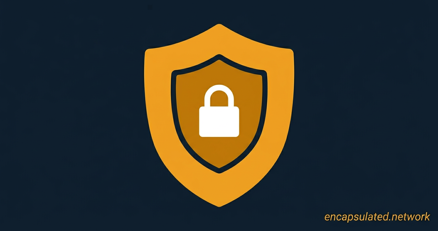 Two concentric amber shields with a white padlock centered inside, representing L2TP/IPsec double encapsulation — the outer shield represents the IPsec layer and the inner shield represents the L2TP tunnel layer.