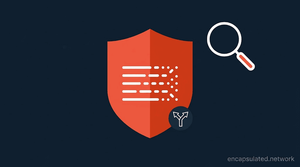 Featured image for AmneziaWG Explained — a coral shield with dissolving data lines representing VPN traffic obfuscation, a protocol fork badge, and an empty magnifying glass representing DPI finding nothing