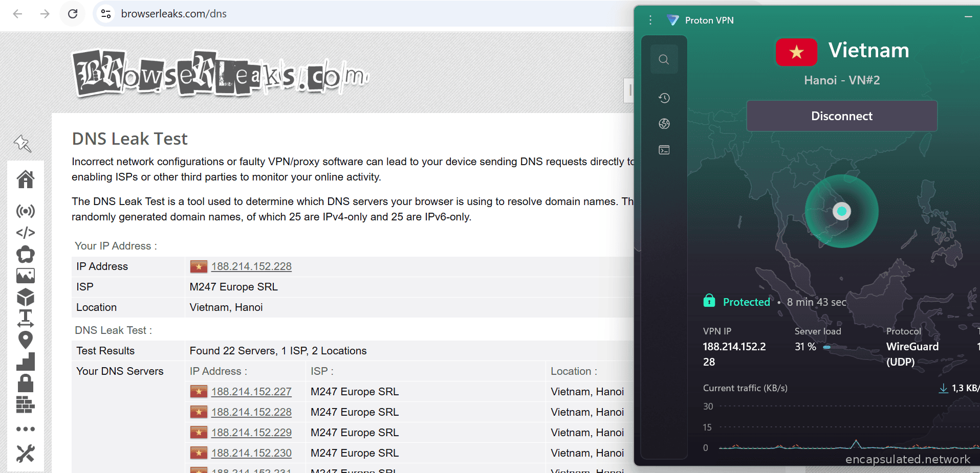 BrowserLeaks DNS leak test showing a clean result — IP address 188.214.152.228 detected in Vietnam, Hanoi, with all 22 DNS servers resolving through the VPN provider's network and no home ISP exposure. ProtonVPN panel confirms Protected status on WireGuard UDP.