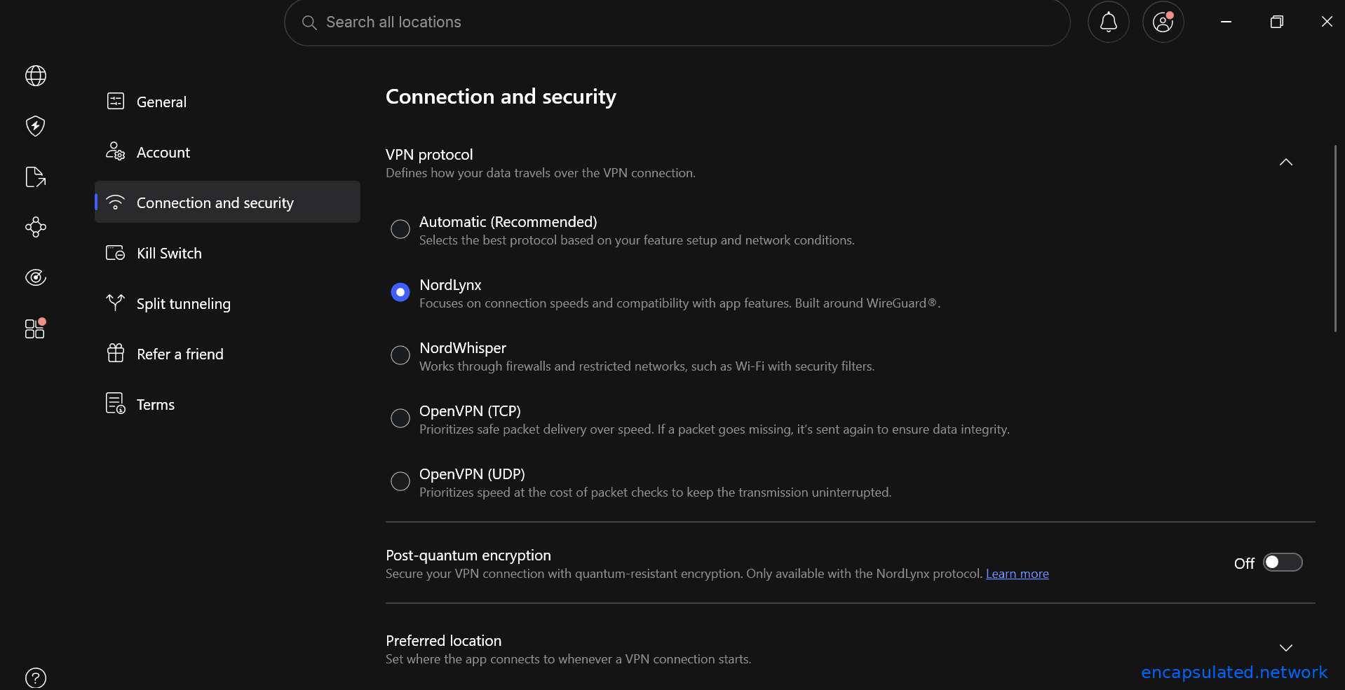 NordVPN Windows app showing the Connection and security settings panel with NordLynx selected as the VPN protocol and the Post-quantum encryption toggle in the off position.