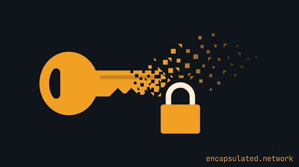Flat amber key dissolving into geometric particles on a dark navy background, with a sealed amber padlock standing intact within the particle field — representing ephemeral key zeroisation in perfect forward secrecy.