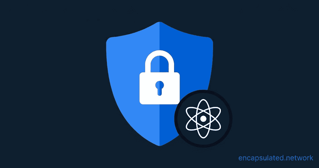 Electric Blue VPN shield with white padlock and quantum atom orbital badge, representing post-quantum VPN encryption.