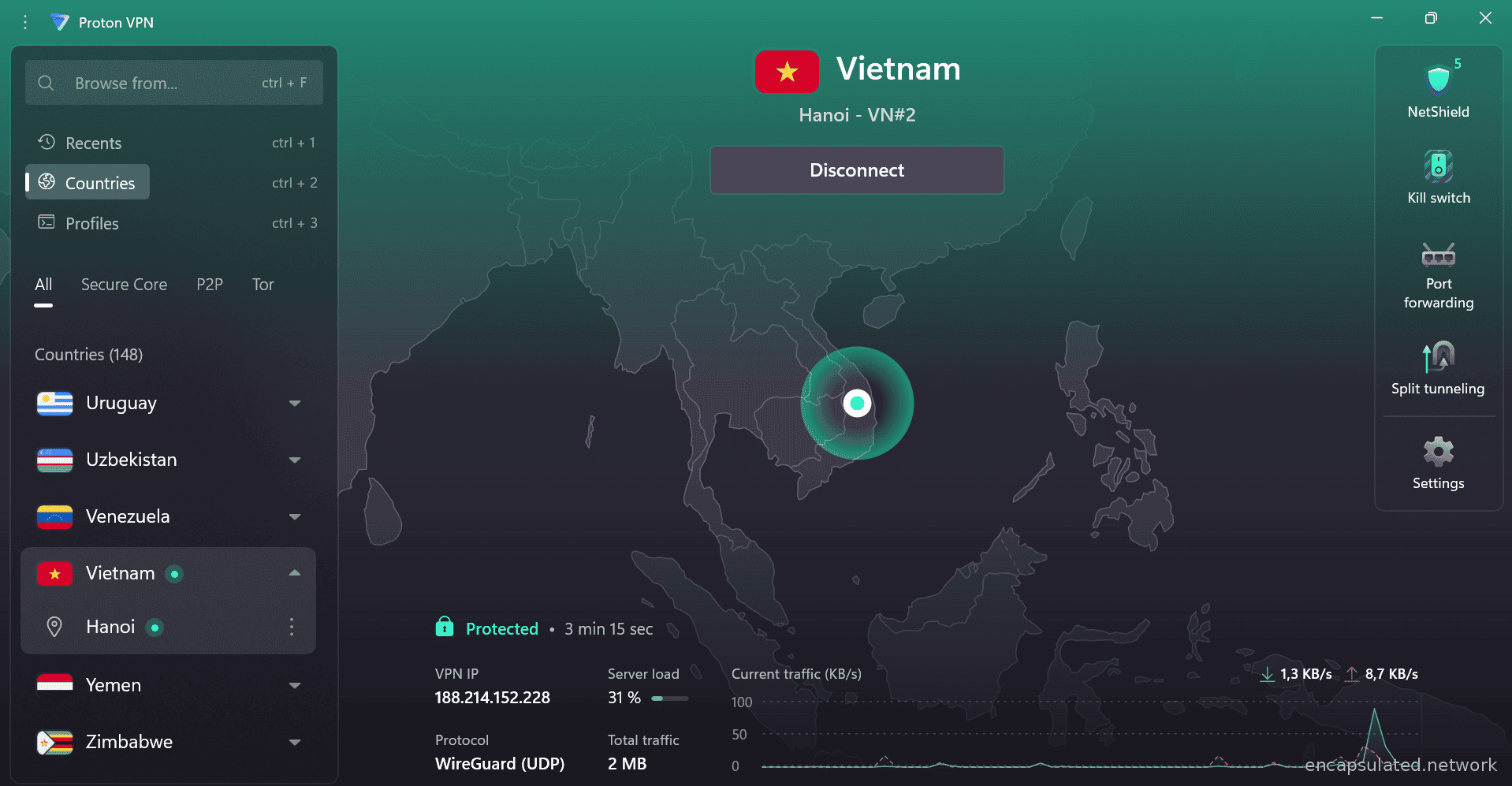 ProtonVPN desktop app showing an active connection to Vietnam, Hanoi VN#2, with Protected status, WireGuard UDP protocol, 31 percent server load, and the map pin positioned over Vietnam