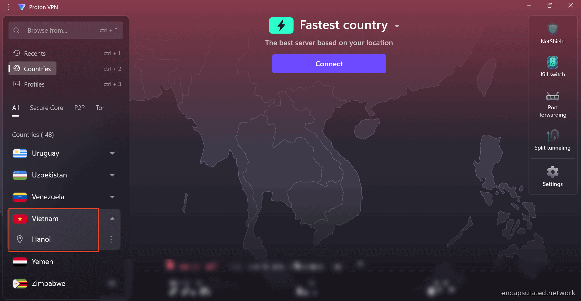ProtonVPN desktop app with the country list open, Vietnam expanded to show a single Hanoi location selected, ready to connect