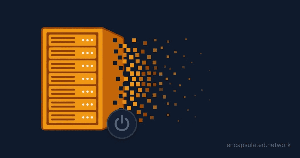 Amber server rack dissolving into dispersing pixels against a dark navy background, representing how RAM-only VPN servers retain no data after power-off