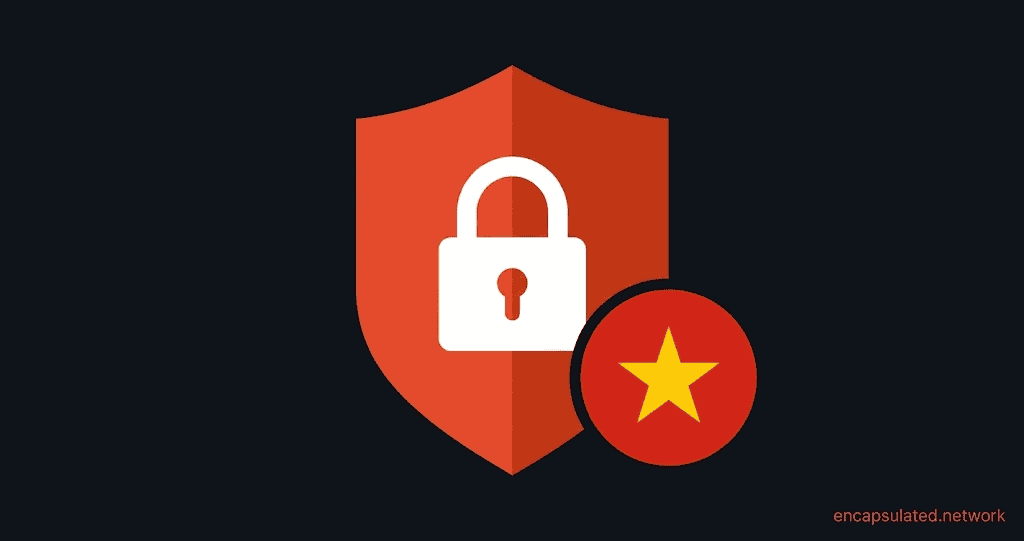 VPN shield icon in coral red with Vietnamese flag badge featuring a yellow star — featured image for the How to Get a Vietnamese IP Address guide