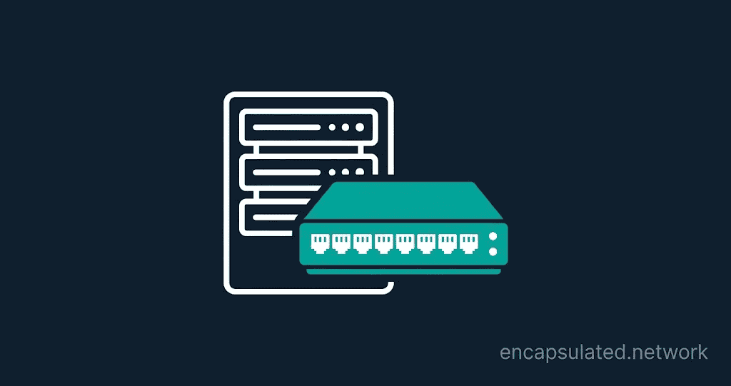 Flat icon illustration of a white server rack and a teal network switch overlapping on a dark navy background, representing SoftEther VPN's multi-protocol server architecture and Virtual Hub