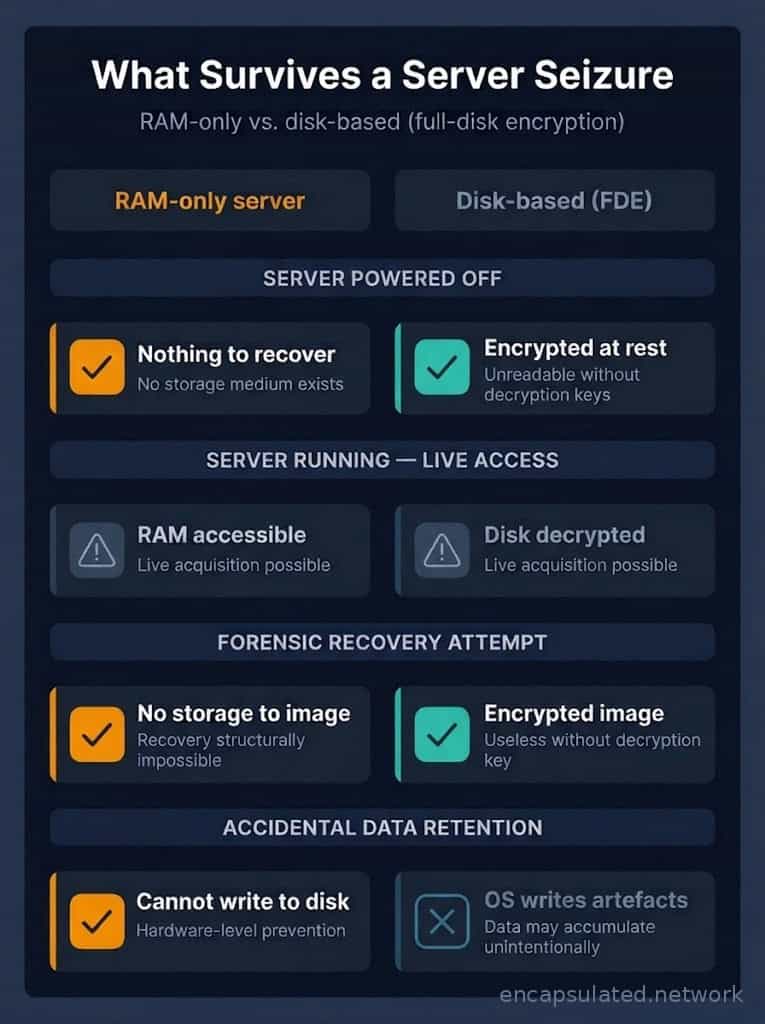 Comparison diagram: what survives a VPN server seizure — RAM-only server versus disk-based server with full-disk encryption across four scenarios: server powered off, server running live access, forensic recovery attempt, and accidental data retention