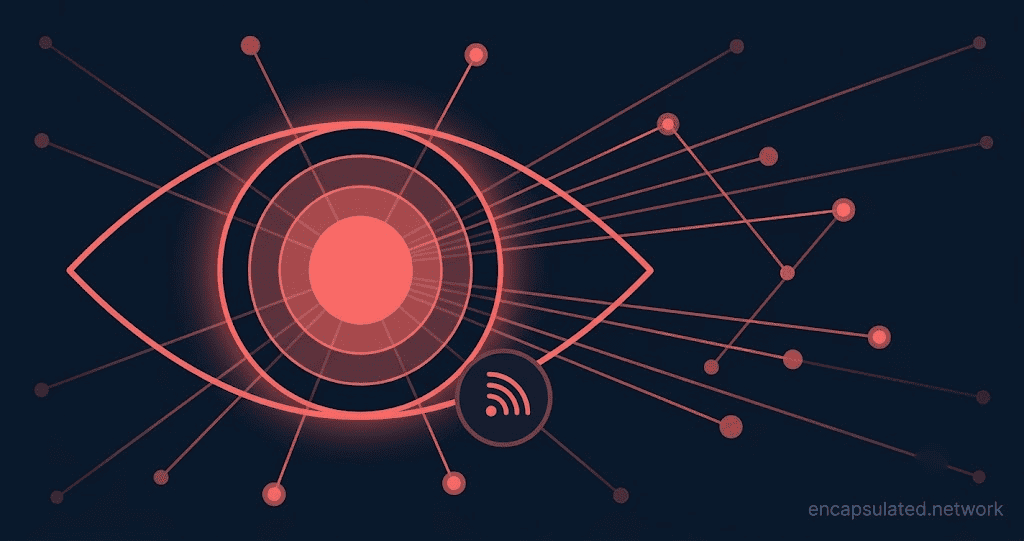 Stylised geometric surveillance eye with concentric coral-coloured iris rings representing the Five, Nine, and Fourteen Eyes intelligence alliance tiers. Network connection lines with dot nodes radiate outward against a dark navy background, with a signals badge at the base of the eye.
