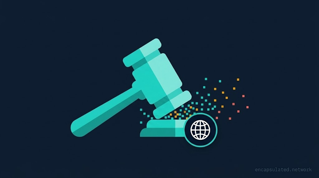 A teal judicial gavel striking downward on a dark navy background, with pixel dispersion in teal, amber, and coral scattering from the impact point and a globe icon badge at the base — representing VPN legality across jurisdictions.