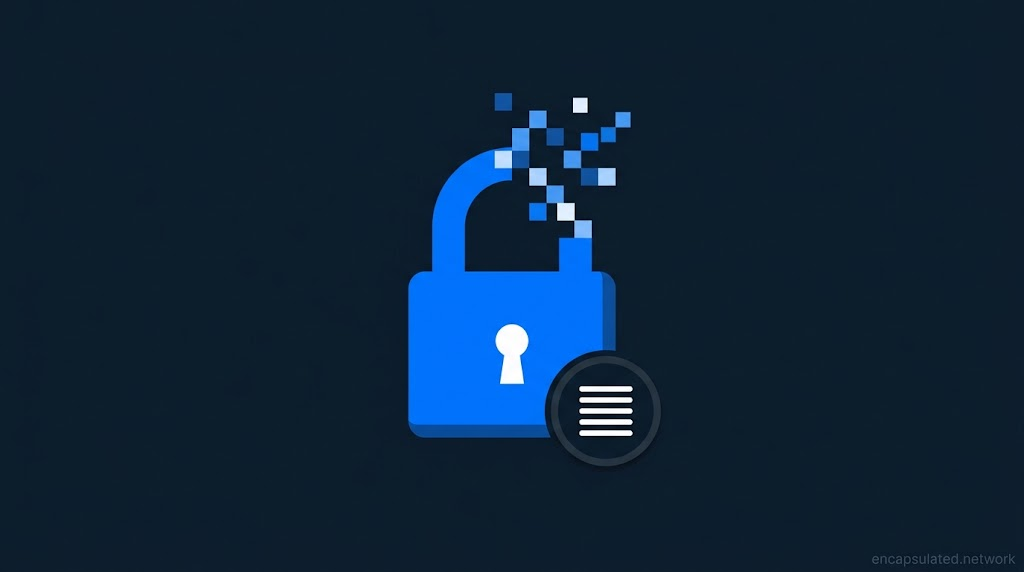 Featured image for Does a VPN Protect Against All Cyber Threats — an Electric Blue open padlock with a white keyhole, the right side of the shackle dissolving into scattered blue and white pixels against a dark navy background, with a circular dark badge at the lower right containing five white horizontal lines representing the five-layer threat taxonomy.