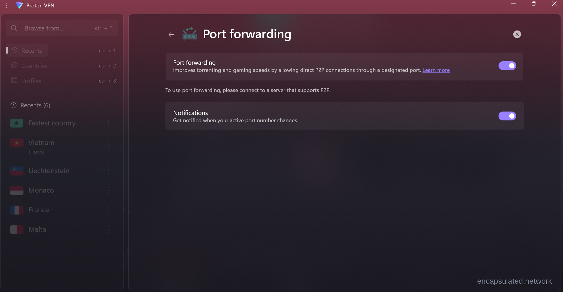 ProtonVPN port forwarding settings panel showing the toggle enabled and a prompt to connect to a P2P-compatible server