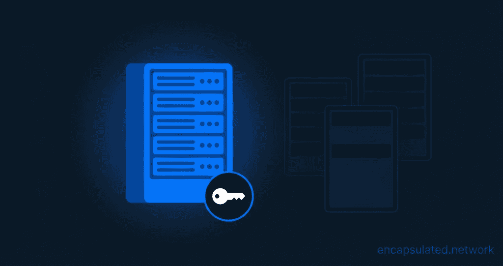 Electric Blue server rack with a key badge representing a self-hosted VPN under direct operator control, with faded commercial server silhouettes in the background