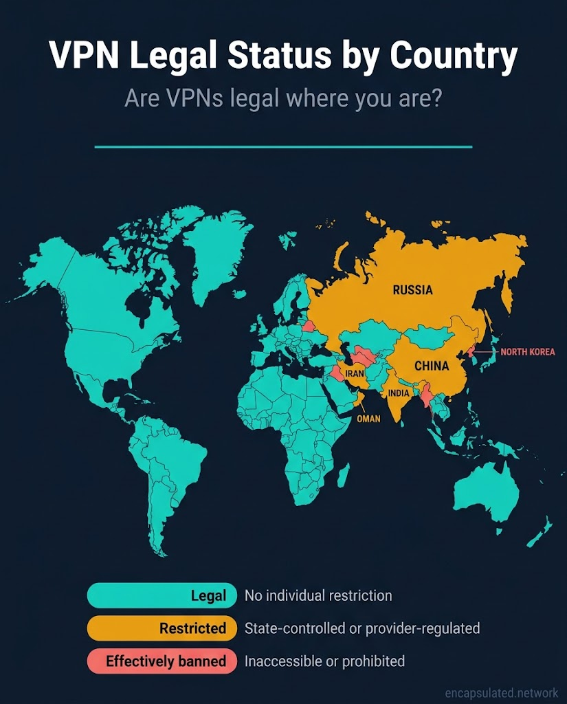 World map showing VPN legal status by country in three tiers. Teal indicates legal with no individual restriction and covers most of the world. Amber indicates restricted and covers Russia, China, Iran, India, and Oman. Coral indicates effectively banned and covers North Korea and several others.