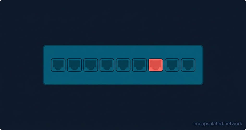 Network switch panel with a row of dark closed port sockets and one coral open port, representing VPN port forwarding — a single channel opened through an otherwise sealed VPN firewall.