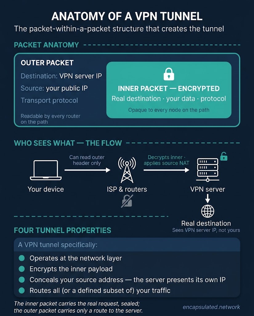 Infographic explaining the anatomy of a VPN tunnel: an encrypted inner packet containing the real destination address and data is nested inside a readable outer packet addressed to the VPN server. A flow diagram shows that ISP routers can only read the outer header, the VPN server decrypts the inner payload, and the real destination sees only the VPN server's IP address.