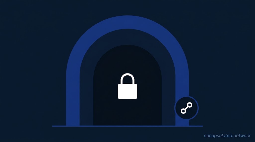 Featured image for "What Is a VPN Tunnel?" showing a flat geometric tunnel entrance arch in deep blue on a dark navy background, with a white padlock icon inside the sealed dark tunnel interior and a connection badge on the lower right.