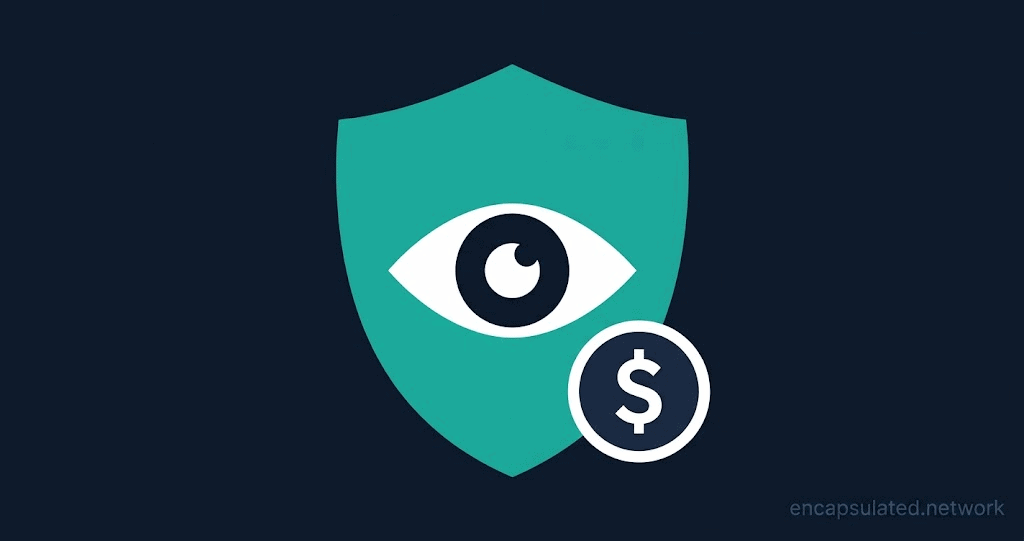 A teal VPN shield with a surveillance eye where the lock icon would normally appear, and a dollar sign badge at the lower right, representing free VPNs that monitor users instead of protecting them.
