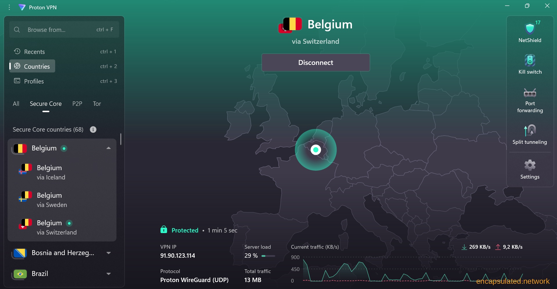 ProtonVPN connection screen showing an active Secure Core session. The header displays Belgium as the exit country and via Switzerland as the Secure Core entry node. The server list shows Belgium expanded with a teal connection indicator on Belgium via Switzerland.