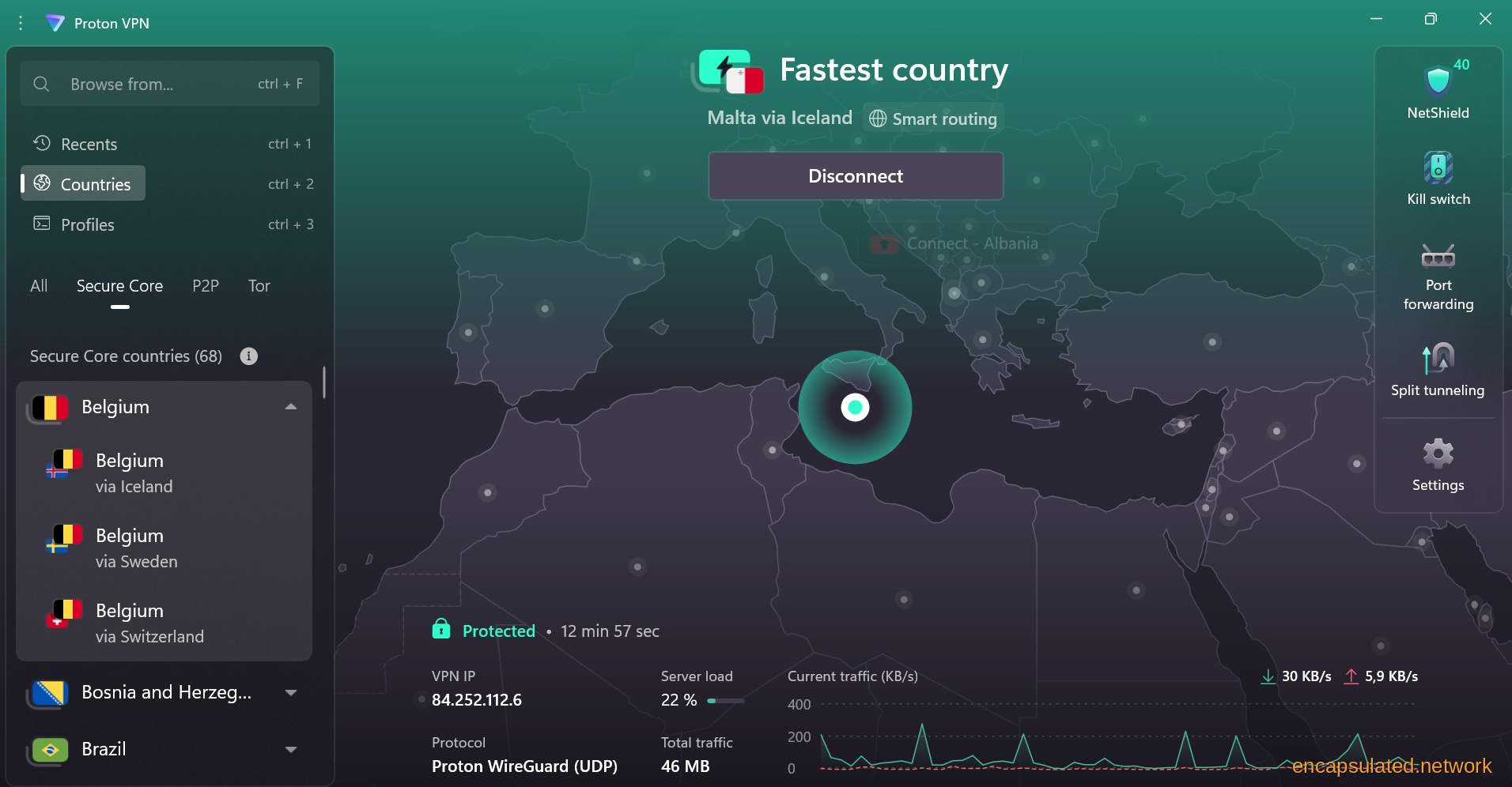 ProtonVPN Secure Core server list with Belgium expanded, showing three Secure Core entry node options: Belgium via Iceland, Belgium via Sweden, and Belgium via Switzerland, each with the corresponding country flag.