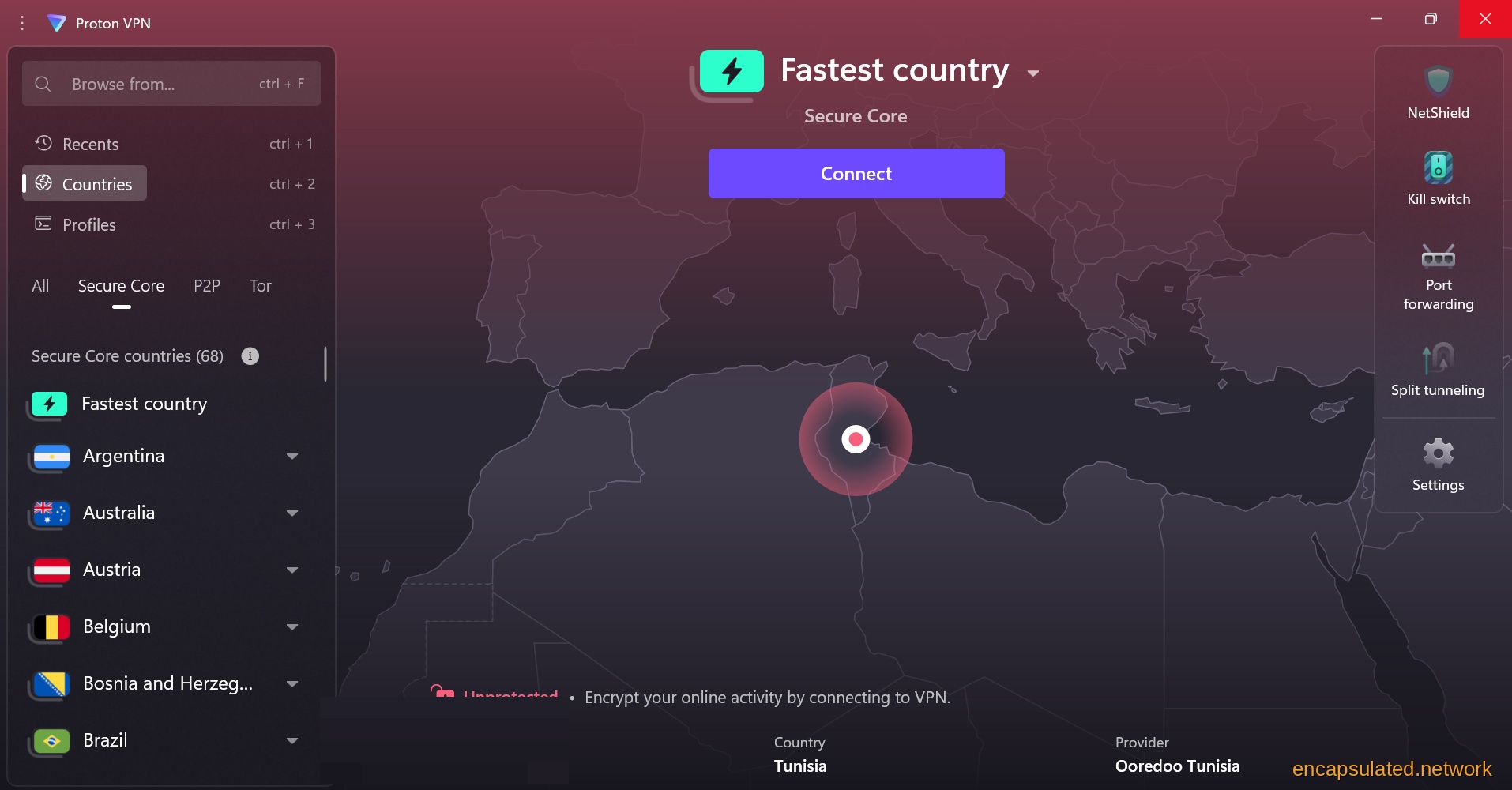 ProtonVPN desktop app main screen with the Secure Core tab selected in the server list tab bar, showing Secure Core countries including Fastest country, Argentina, Australia, Austria, Belgium, and more below.