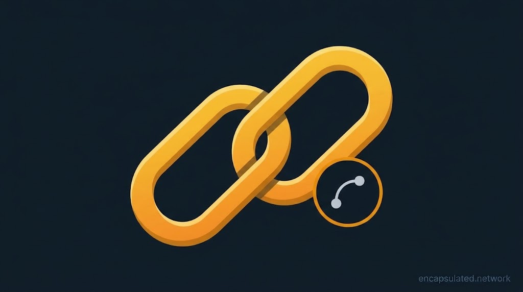 Two interlocked amber chain links on a dark navy background representing a double VPN or VPN chain. A small circular badge at the lower right contains a white two-node routing path icon with an amber border.