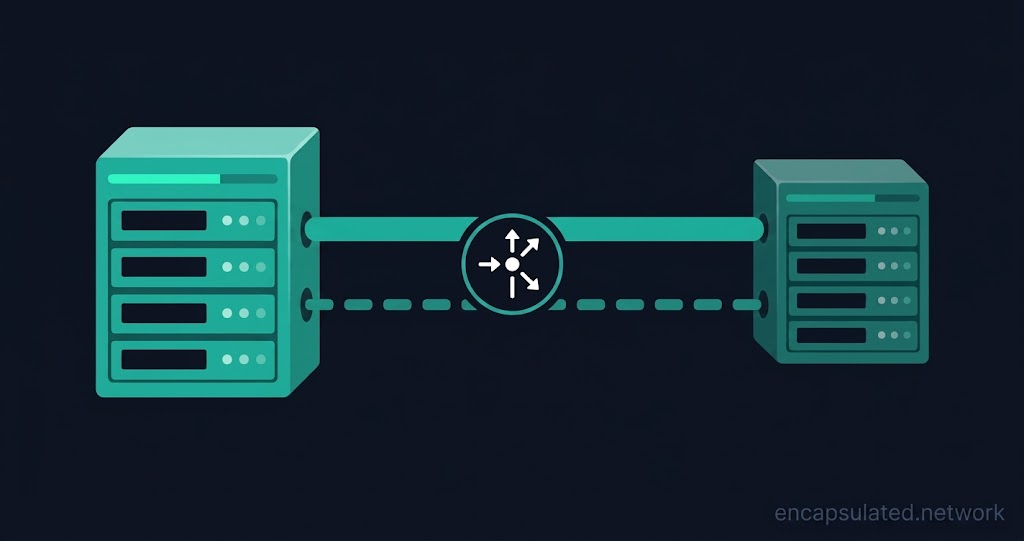Two teal network gateway appliances connected by a solid teal tunnel line (active) and a parallel dashed line (standby), with a routing-arrow badge at the midpoint, representing a site-to-site VPN dual-tunnel architecture on a dark navy background.