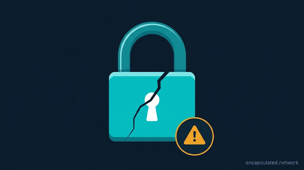 Cracked teal padlock with a warning badge illustrating PPTP's broken security — the protocol's authentication and encryption failures are structural and cannot be patched