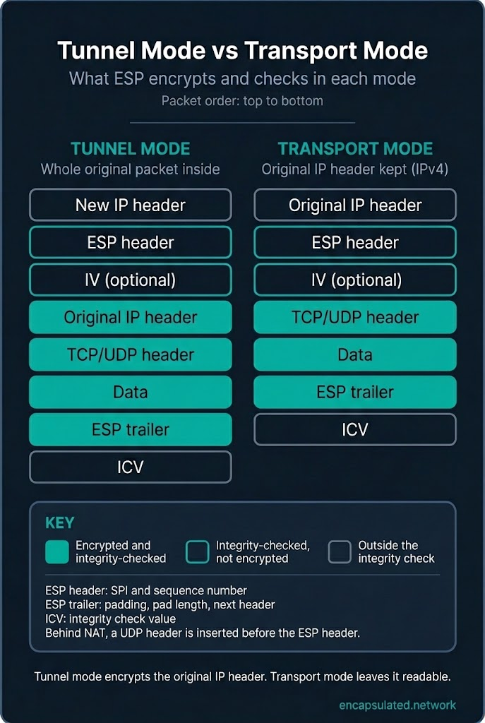 Diagram comparing ESP packets in tunnel mode and transport mode, drawn top to bottom in packet order. In tunnel mode a new IP header comes first, then the ESP header and IV, then the original IP header, TCP or UDP header, data and ESP trailer, which are encrypted, and finally the ICV. In transport mode the original IP header comes first and stays readable, and only the TCP or UDP header, the data and the ESP trailer are encrypted. In both modes the ESP header and IV are integrity-checked but not encrypted, and the first IP header and the ICV sit outside the integrity check.