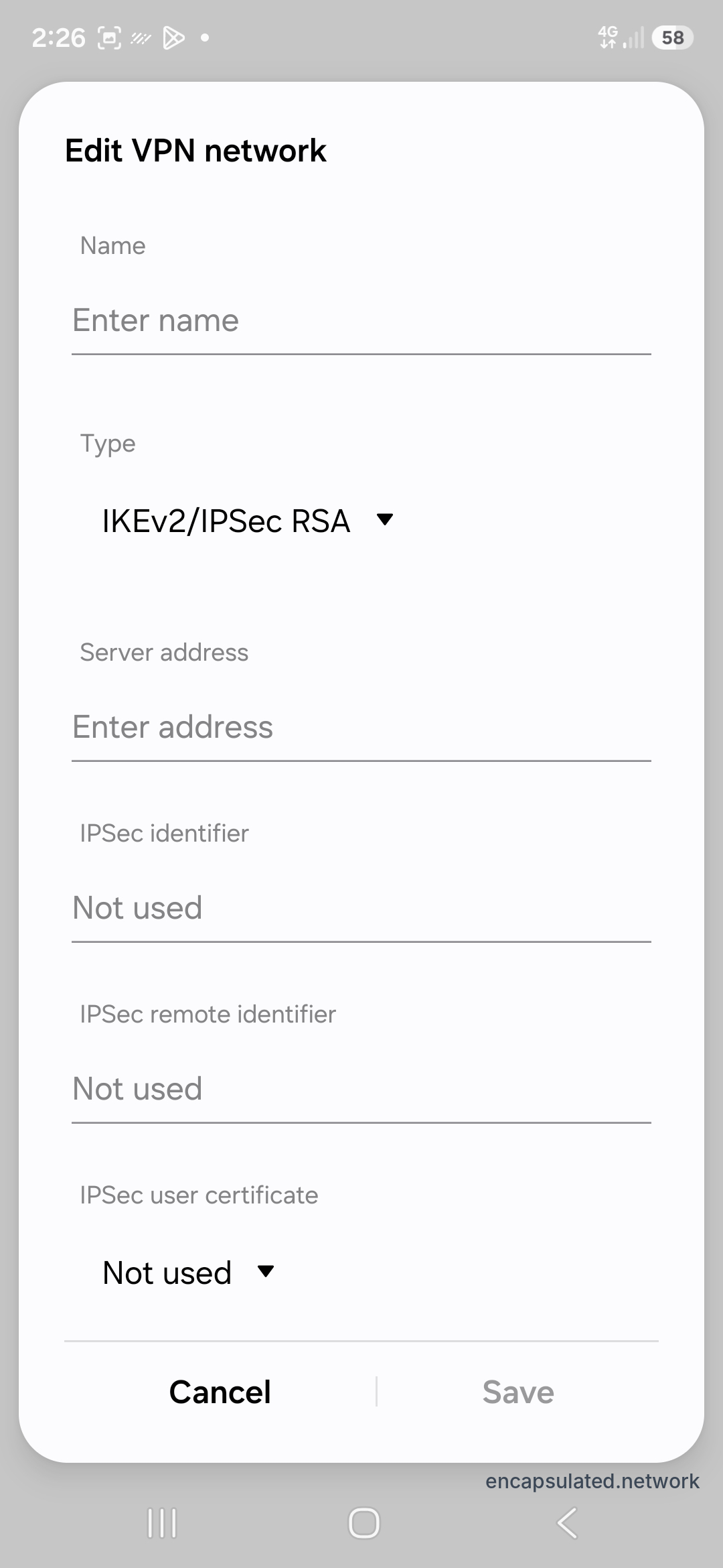 Screenshot of the built-in “Edit VPN network” form on a Samsung phone running One UI 8.5, with the type set to IKEv2/IPSec RSA. Below the name and server address are an “IPSec identifier” field and an “IPSec remote identifier” field, both empty and showing the hint “Not used”, and an “IPSec user certificate” menu.