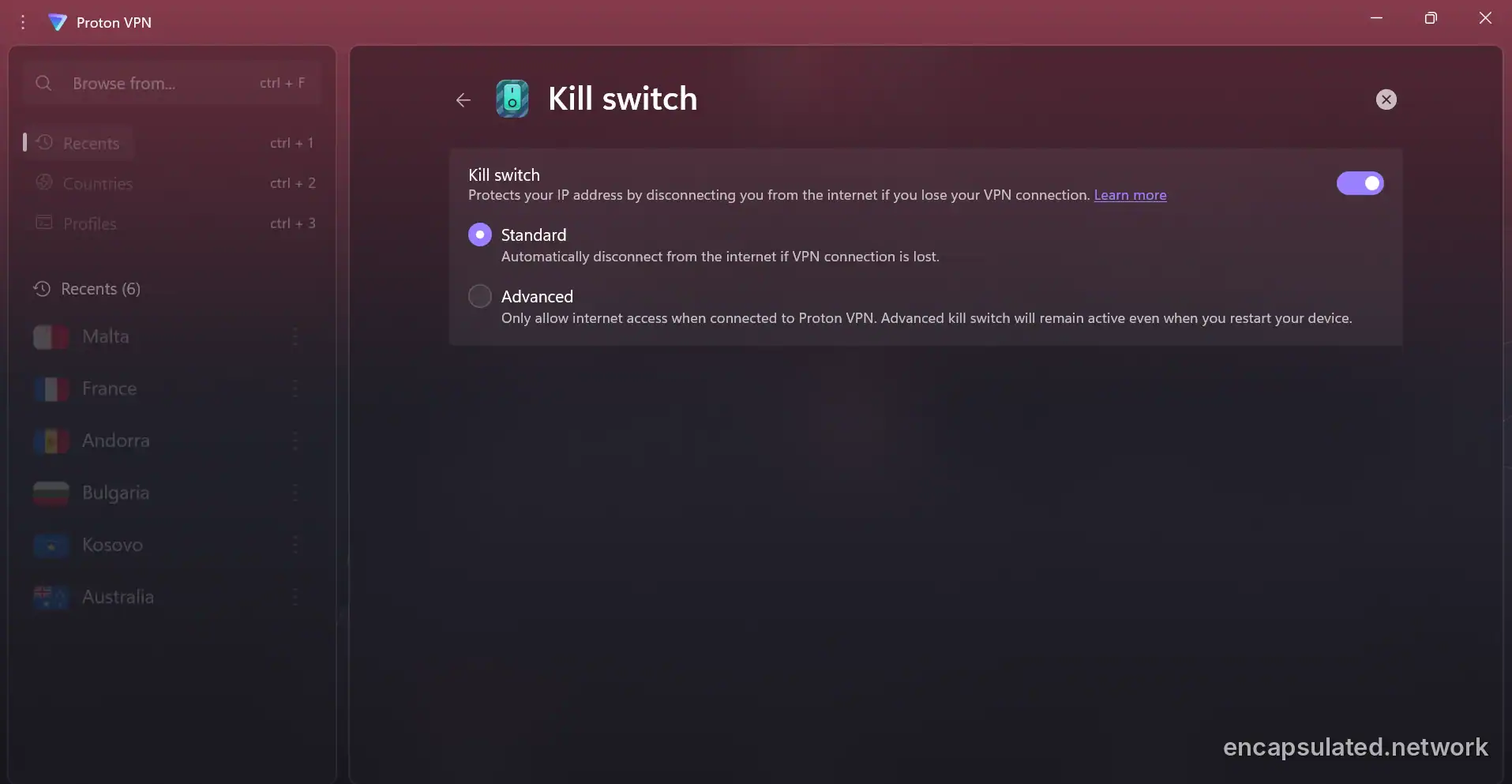 Kill switch settings in Proton VPN for Windows: the kill switch is switched on with the Standard mode selected, and an Advanced mode that only allows internet access when connected and stays active after a restart.