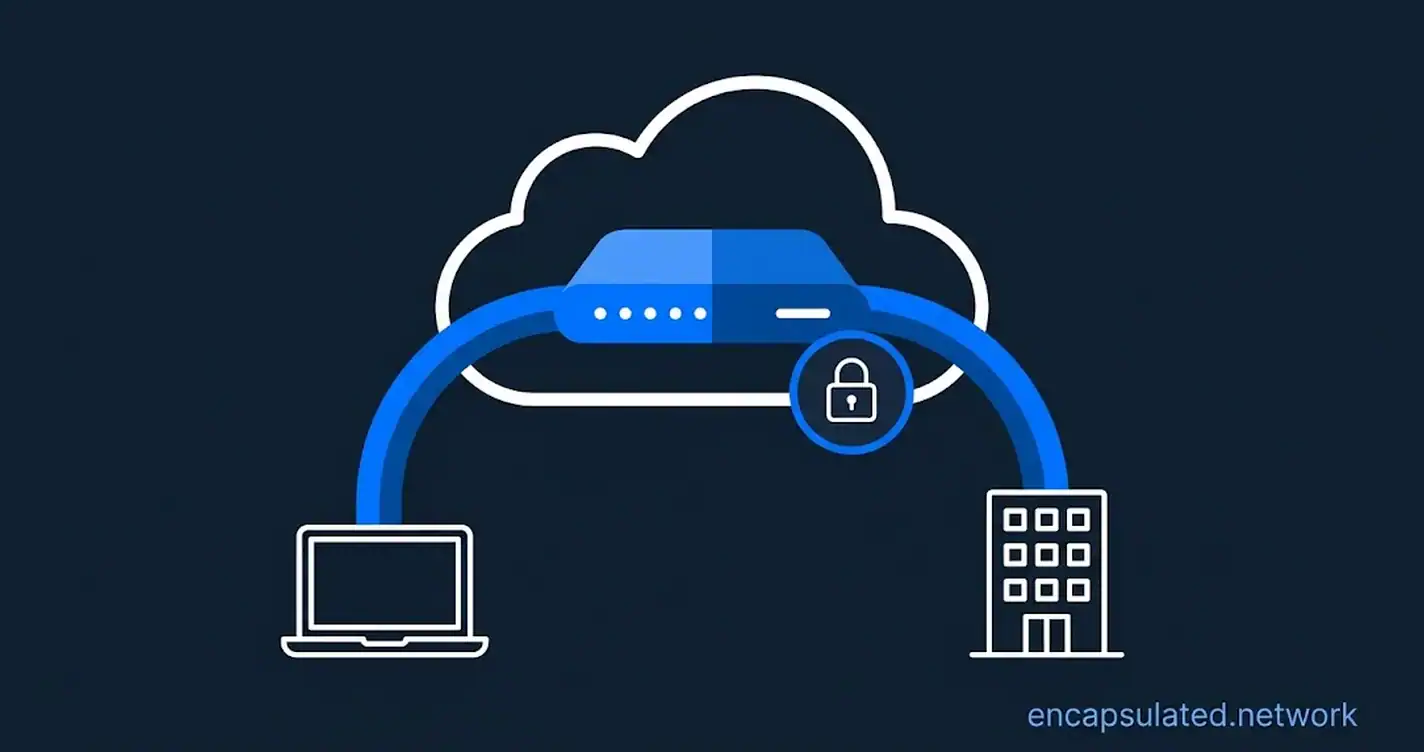 A VPN gateway inside a cloud outline, with a padlock badge, connected by two encrypted tunnels to a laptop and an office building below.