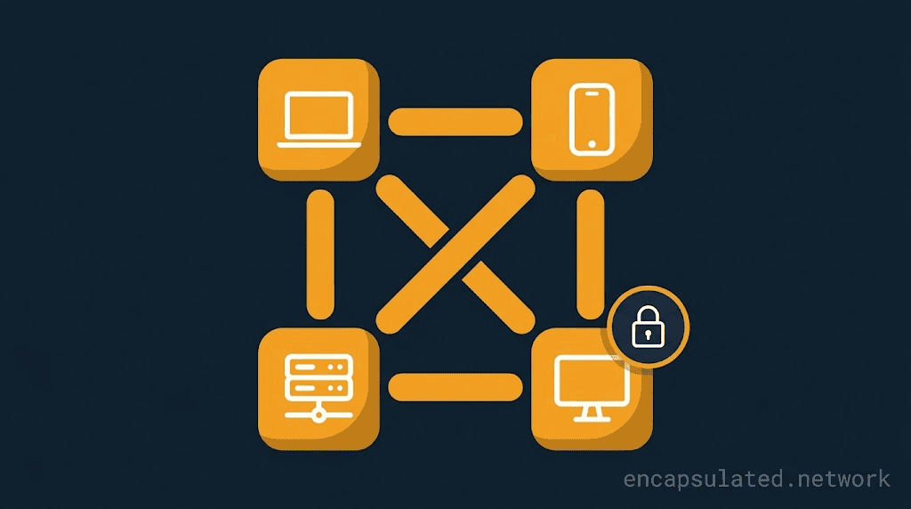 Four devices, a laptop, a smartphone, a server and a desktop computer, each linked directly to every other device in a full mesh, with a padlock badge showing the connections are encrypted.