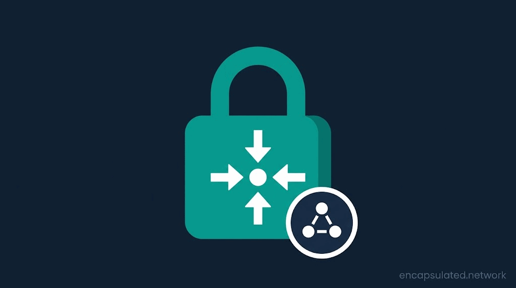 Teal padlock with four white arrows pointing inward to a central point, and a small network badge in the lower right corner.