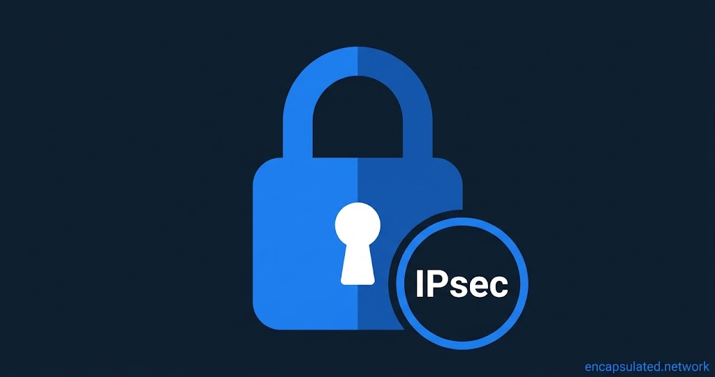 Illustration of a blue padlock with a round badge reading “IPsec”, representing a VPN secured with IPsec.